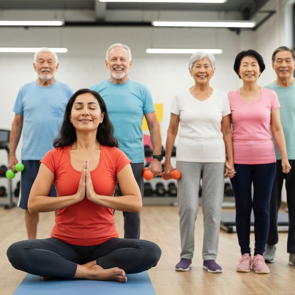 Active happy seniors exercising together